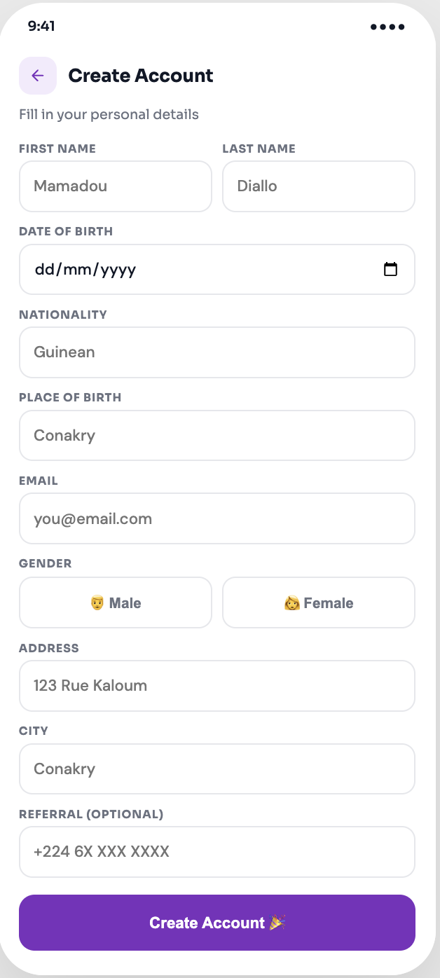 Guinee Money create account screen